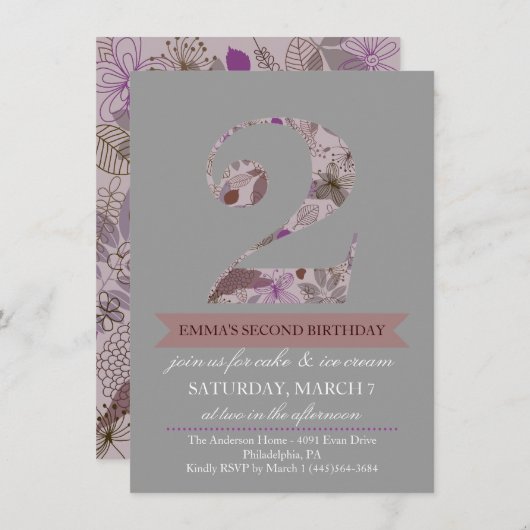Grijs & Paarse Bloemen Twee Verjaardag Uitnodiging (Voorkant / Achterkant)