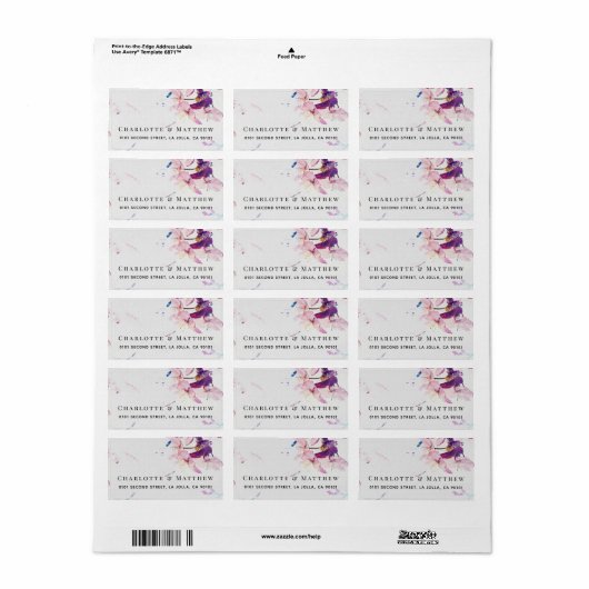 Grijs & Paarse Waterverf Bloemen Adreslabel Etiket (Full Sheet)