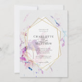 Grijs & Paarse Waterverf Bloemen Goud Lijst Bruilo Kaart (Voorkant)