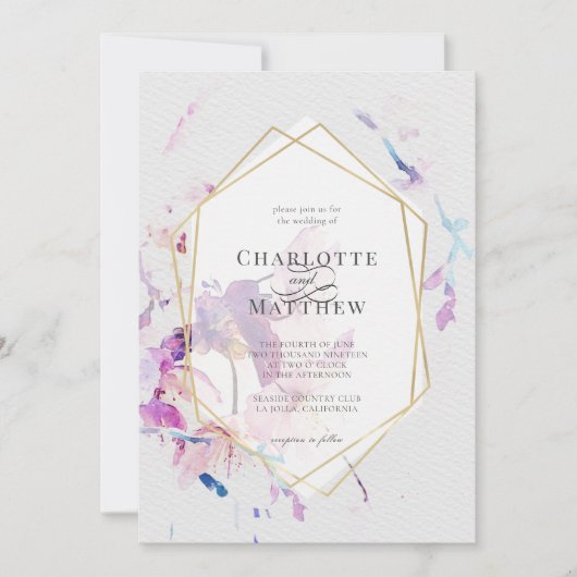 Grijs & Paarse Waterverf Bloemen Goud Lijst Bruilo Kaart (Voorkant)