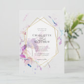 Grijs & Paarse Waterverf Bloemen Goud Lijst Bruilo Kaart (Staand voorkant)