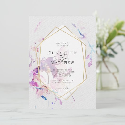Grijs & Paarse Waterverf Bloemen Goud Lijst Bruilo Kaart (Staand voorkant)