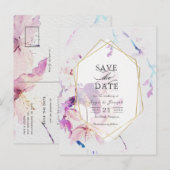 Grijs & Paarse Waterverf Bloemen Save the Date Aankondigingskaart (Voorkant / Achterkant)