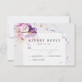 Grijs & Paarse Waterverf Bloemenbruiloft RSVP Kaartje