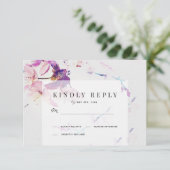 Grijs & Paarse Waterverf Bloemenbruiloft RSVP Kaartje (Staand voorkant)