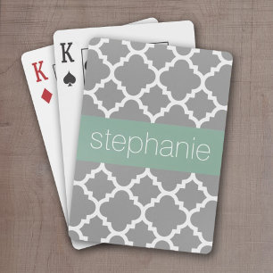 Grijs & pastel Mint Quatrefoil Patroon Aangepaste Pokerkaarten