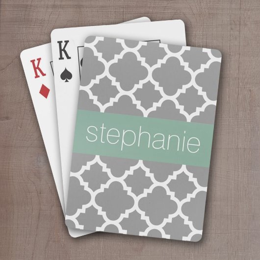 Grijs & pastel Mint Quatrefoil Patroon Aangepaste  Pokerkaarten