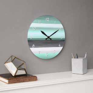 Grijs Pastel Mintgroen Watercolor Strepen Patroon Grote Klok
