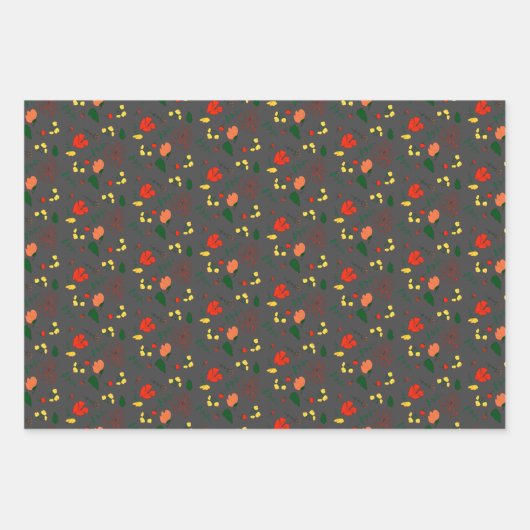 Grijs patroon rode wildbloemen, omhuld papier inpakpapier vel (Voorkant)