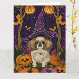 Grijs Pekinees-hond Halloween Heks en Pompoen Kaart