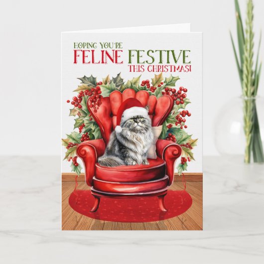 Grijs Perzisch Kerstmis Kat FELINE Feestelijk Feestdagen Kaart (Voorkant)