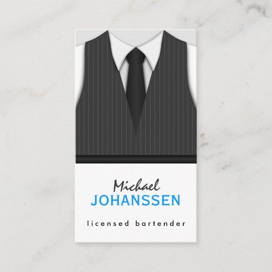 Grijs Pinstripe Suit Vest en Zwart Stropdas Barten Visitekaartje (Voorkant)