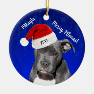 Grijs Pit Bull met Santa Hat Merry Pitmas-keramiek Keramisch Ornament