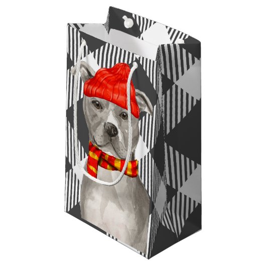 Grijs Plaid met Staffordshire Pitbull Kerstmis Klein Cadeauzakje (Voorkant Gekanteld)