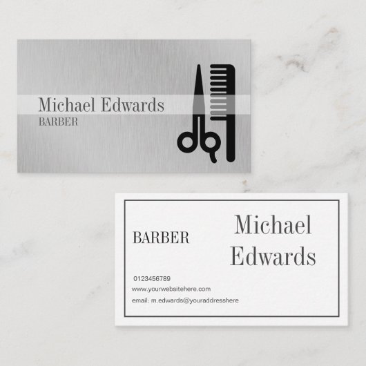 Grijs Professioneel Barber staal Modern Visitekaartje (Voorkant / Achterkant)