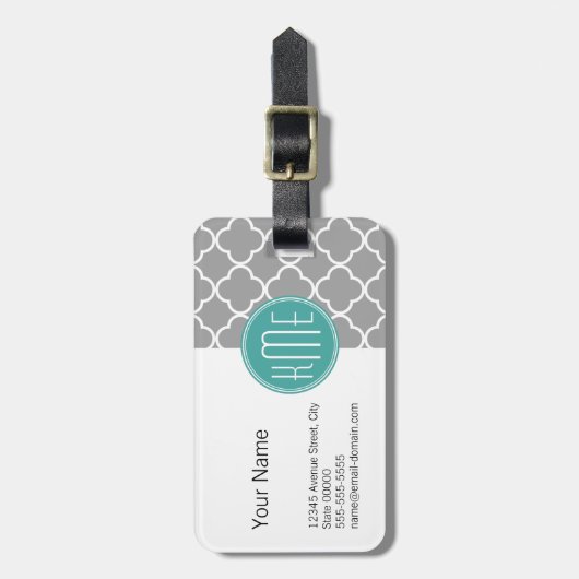 Grijs Quatrefoil met aangepast Mint Monogram Bagagelabel (Voorkant verticaal)