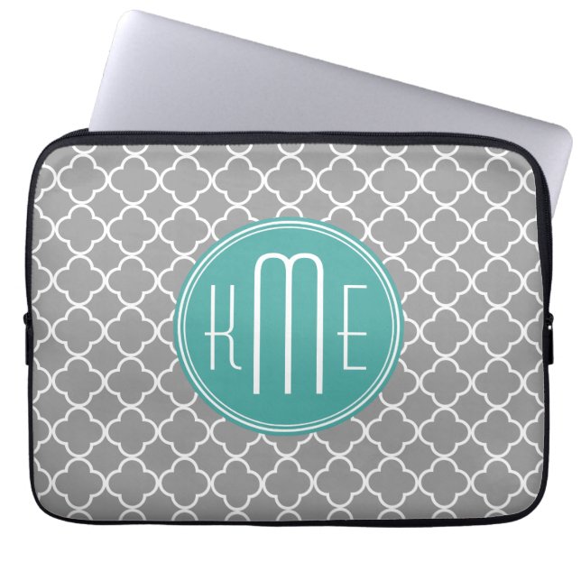 Grijs Quatrefoil met aangepast Mint Monogram Laptop Sleeve (Voorkant)