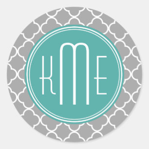Grijs Quatrefoil met aangepast Mint Monogram Ronde Sticker