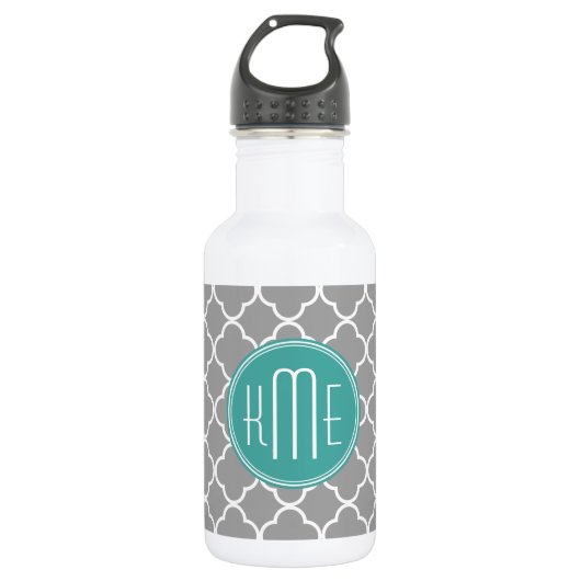 Grijs Quatrefoil met aangepast Mint Monogram Waterfles (Voorkant)