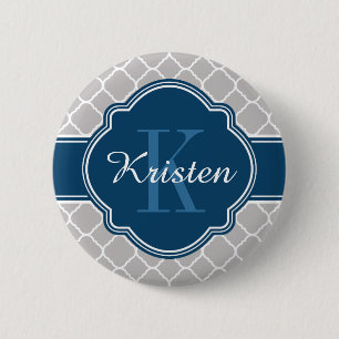 Grijs Quatrefoil Patroon Blauw Monogram Ronde Button 5,7 Cm