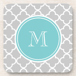 Grijs Quatrefoil Patroon, Blauwgroen Monogram Drankjes Onderzetter