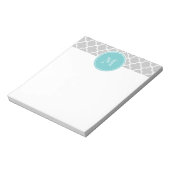 Grijs Quatrefoil Patroon, Blauwgroen Monogram Notitieblok (Linkerzijde)