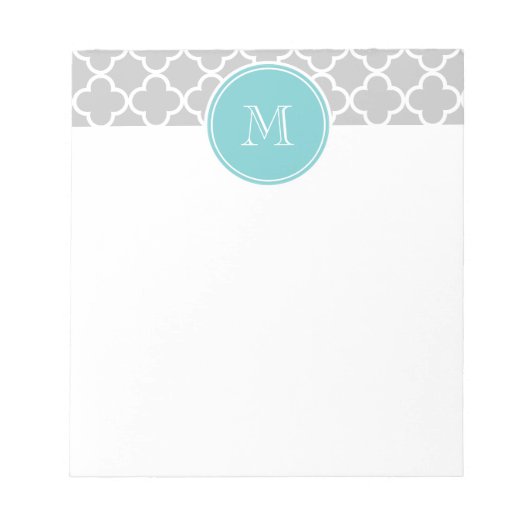 Grijs Quatrefoil Patroon, Blauwgroen Monogram Notitieblok (Voorkant)
