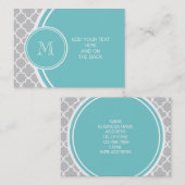 Grijs Quatrefoil Patroon, Blauwgroen Monogram Visitekaartje (Voorkant / Achterkant)