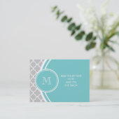 Grijs Quatrefoil Patroon, Blauwgroen Monogram Visitekaartje (Staand voorkant)