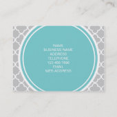 Grijs Quatrefoil Patroon, Blauwgroen Monogram Visitekaartje (Achterkant)