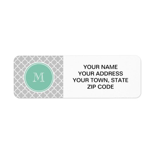 Grijs Quatrefoil Patroon, Mint Green Monogram Etiket (Voorkant)