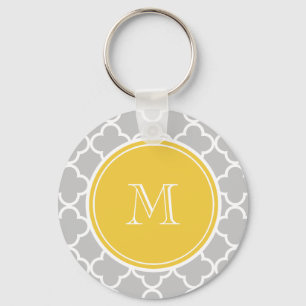 Grijs QuatrefolPatroon, Geel Monogram Sleutelhanger
