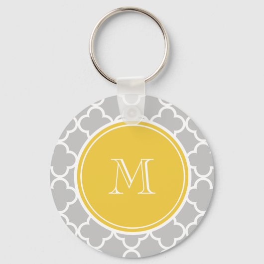 Grijs QuatrefolPatroon, Geel Monogram Sleutelhanger (Voorkant)