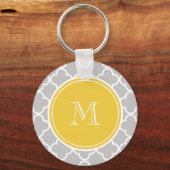 Grijs QuatrefolPatroon, Geel Monogram Sleutelhanger (Voorkant)
