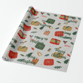 Grijs Rode en Gouden Cute Geïllustreerde Kerstmis Cadeaupapier