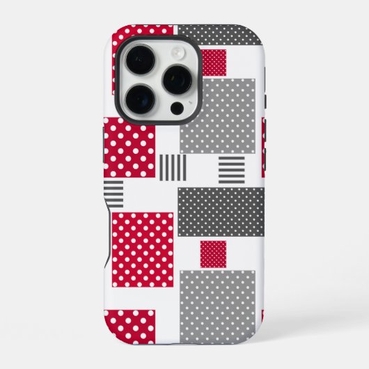 Grijs-rode stippenpatchwork op witte achtergrond iPhone hoesje (Achterkant)