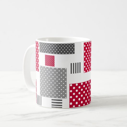 Grijs-rode stippenpatchwork op witte achtergrond koffiemok (Voorkant links)