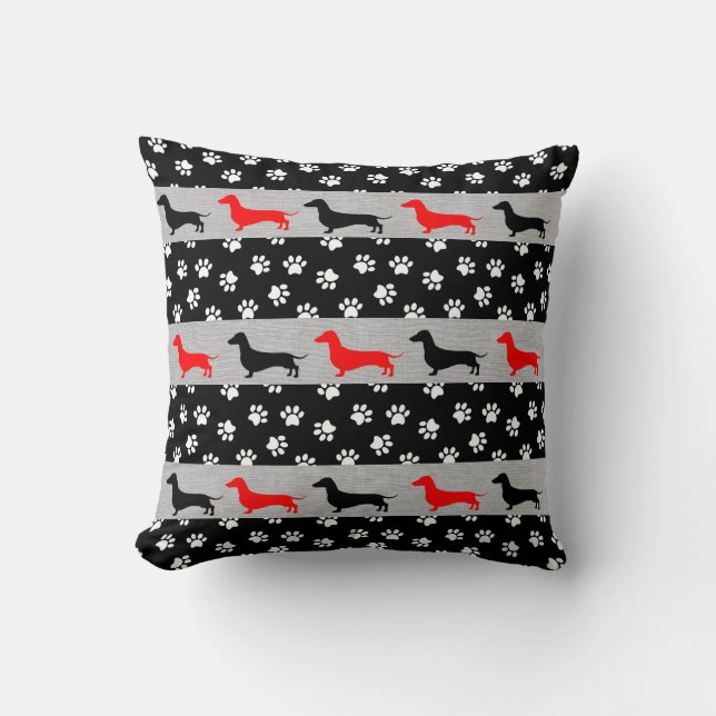 Grijs Rode Zwarte en Witte Dachshund Accent Kussen (Voorkant)