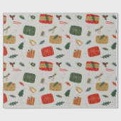 Grijs rood en gouden geïllustreerde kerst cadeaupapier (Vlak)