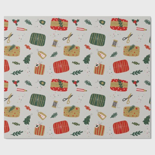 Grijs rood en gouden geïllustreerde kerst cadeaupapier (Vlak)
