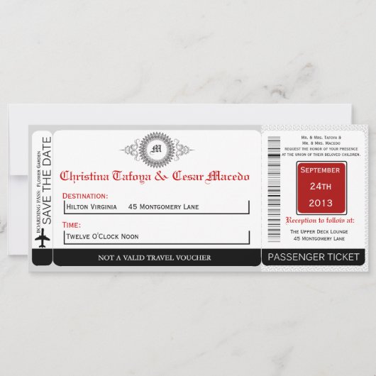 Grijs Rood Formele P Boarding Pass Bruiloft Uitnod Kaart (Voorkant)