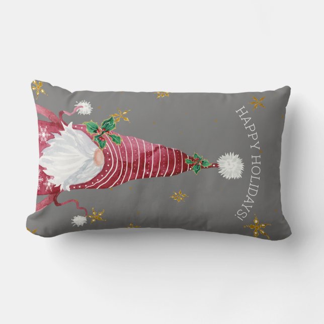 Grijs Rood Kerst Gnome Waterverf Holly Star Kussen (Voorkant)
