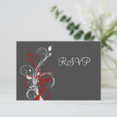 Grijs, Rood, Witte Bloem RSVP Kaart (Staand voorkant)