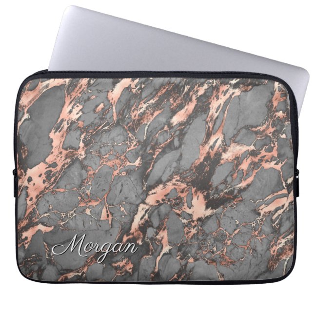 Grijs Roos Goud Marmer, Naam of Monogram Laptop Sleeve (Voorkant)