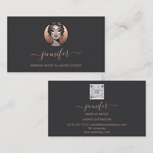 Grijs Roos Make-up Artiest Logo Lashes QR Oriental Visitekaartje (Voorkant / Achterkant)