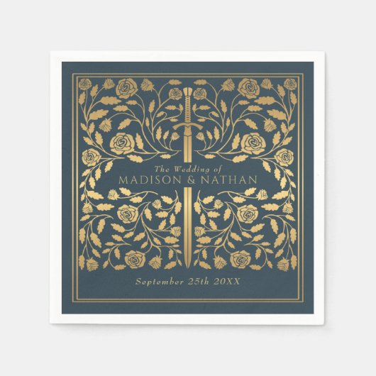 Grijs Royal middeleeuwse gouden zwaard bruiloft Servet (Voorkant)