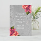 Grijs & Roze  Antiek Roos Elegant Bruiloft Kaart (Staand voorkant)
