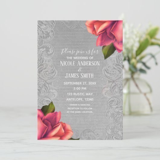 Grijs & Roze  Antiek Roos Elegant Bruiloft Kaart (Staand voorkant)