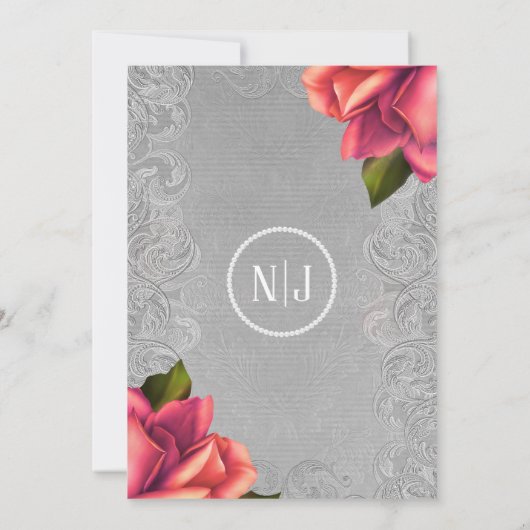 Grijs & Roze Antiek Roos Elegant Bruiloft Kaart (Achterkant)