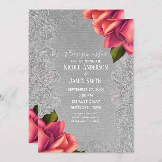 Grijs & Roze  Antiek Roos Elegant Bruiloft Kaart (Voorkant / Achterkant)